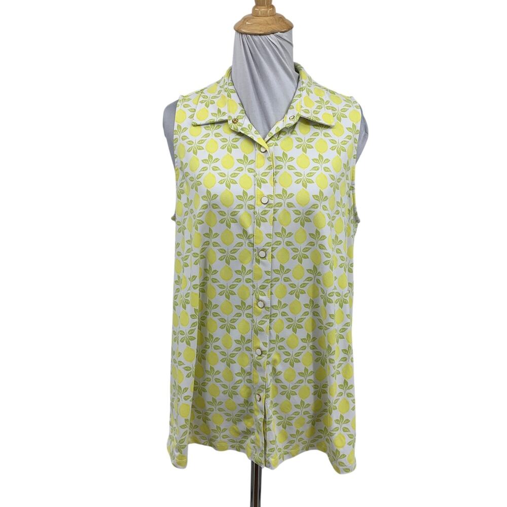 J McLaughlin Top Womens L Large Sleeveless Button Up Lemon Print Pleat Back
